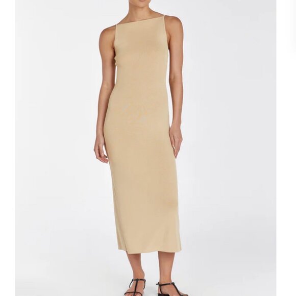 BEST DISSH Taylor Knit Midi Dress Sand Tan Beige Stretch Cocktail Causal Vacatio - Picture 9 of 11